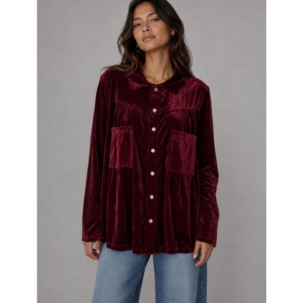 NWOT BUCKETLIST Burgundy Velvet Button Front Top Pocket Long Sleeve Small